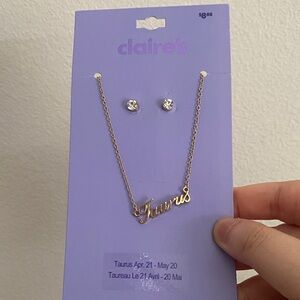 Claire's Gold Taurus Nameplate Necklace with Clear Crystal Studs